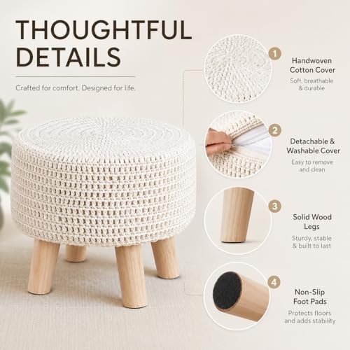 13" Round Handmade Cotton Knitted Boho Small Ottoman with Non-Skid Wood Leg