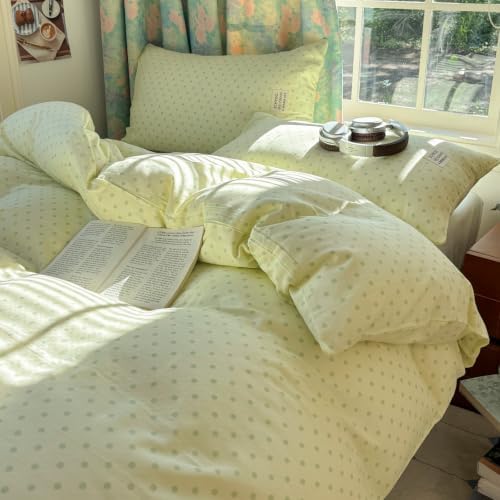 Green Polka Dot Duvet Cover Twin Size 3 Pcs,Muslin Bedding 68"×86"