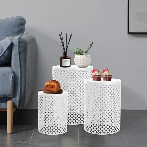 Metal Frame Accent Table,Cylindrical Outdoor Side Table,Decorative Garden Stool,Set of 3 Nesting Side Table,Modern Decorative Garden Stool for Patio Balconies Cafes Parks (3, White)