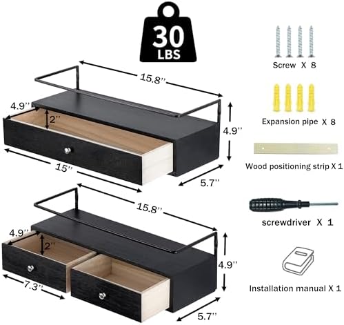 Floating Shelves With Drawers Set of 2, Wall Mounted Storage for Bathroom