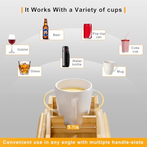 Bestjing Bamboo Couch Armrest Table with Detachable Cup Holder Tray