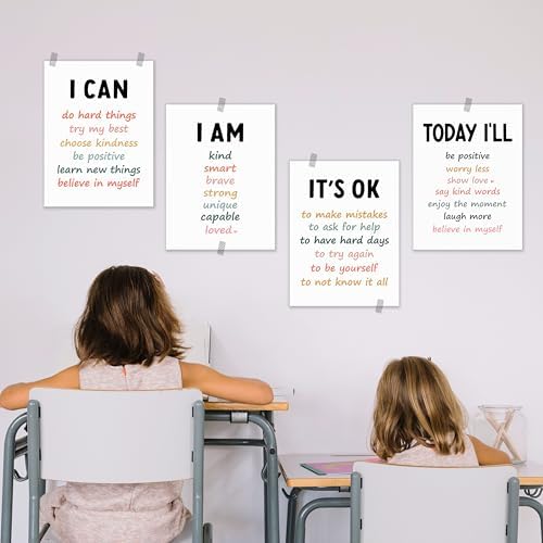 BESERH Positive Affirmation Wall Decor, Inspirational Motivational Quote Wall Art Prints Posters for Classroom Kids Room Nursery Playroom, 12x16 Inches Set of 4 Unframed