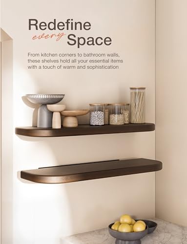 BATODA Set of 2 24” Wood Floating Shelves for Wall, Round Edge,Walnut Color