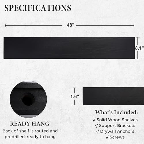 Axeman Floating Shelves, 8 Inch Deep Modern Solid Wood Wall Shelves for Storage, Wall Mounted Display Shelving with Invisible Heavy-Duty Metal Bracket, 48" W x 8" D x 1.6" H, Distressed Black