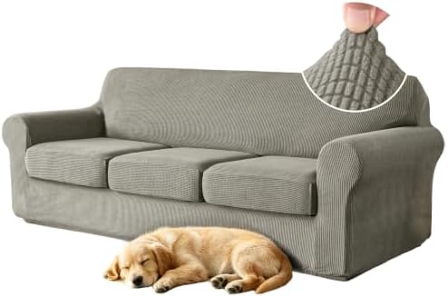 4 Pieces Stretch Couch Covers for 3 Cushion Sofa Cover Decorative Sofa Slipcover Non Slip Washable Thick Soft Elastic Furniture Protector for Pets,(Large, Taupe)