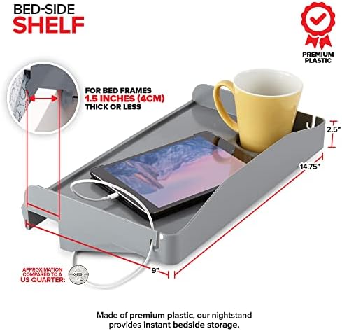 Modern Innovations Bedside Shelf for Bed, College Dorm Room, Bunk Bed Shelf for Top Bunk, Clip On Nightstand Tray with Cord and Cup Holder, Bunkbed Caddy for Table Storage (Dark Gray)