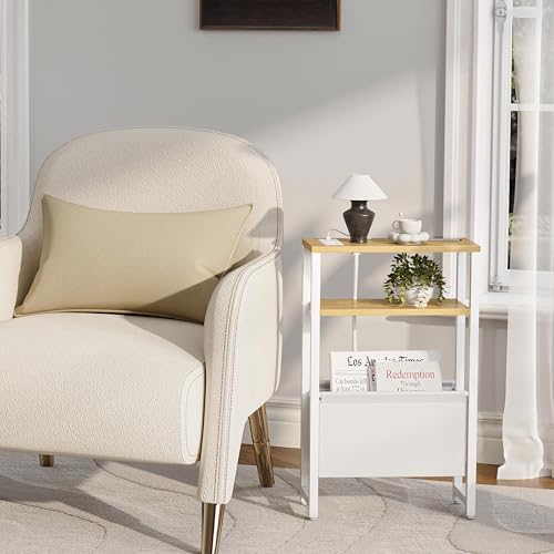 Narrow Side Table with Charging Station Slim End Table Sofa with Magazine Rack, Bedside Table for Small Spaces, 3 Tier Nightstand for Living Room Couch, Bedroom Natural LET503YE