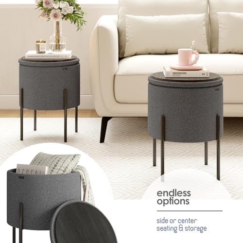 Round Ottoman with Storage, Boucle Storage Foot Stool, Makeup Vanity Stool, Small Ottoman Foot Rest, Modern Ottomans for Living Room and Bedroom, Grey