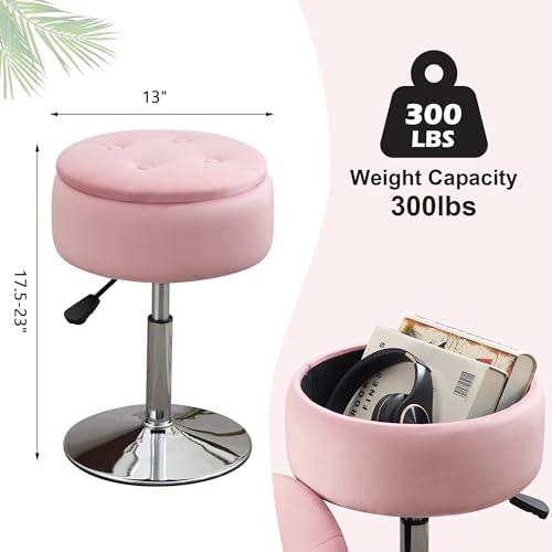 Pink Swivel Vanity Stool With Storage Vanity Chair for Makeup Room Ottoman