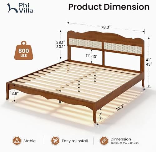 PHI VILLA Solid Wood King Size Bed Frame with Adjustable Headboard