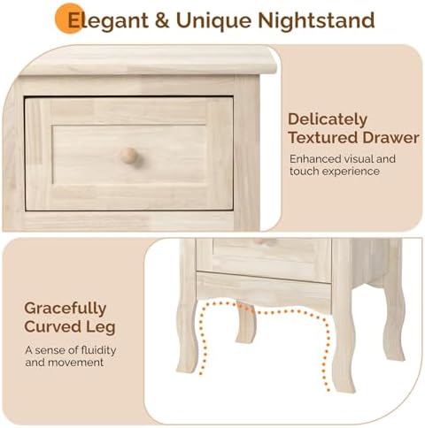 VINGLI Unfinished Solid Wood Nightstand for Color DIY, Small Nightstand for Bedroom, Natural Wood Night Stand with Drawers, Light Wood Night Stand, Real Wooden Bed Side Table/End Table