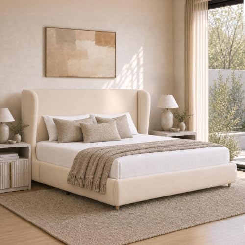 ModernMate King Upholstered Platform Bed Frame, Wingback Headboard, Beige