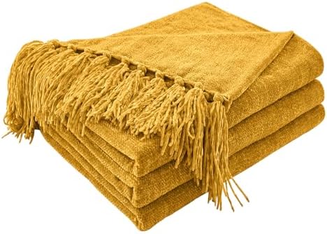 CozeCube Chenille Throw Blanket, Harvest Gold Fringe Blanket, 50"X60"