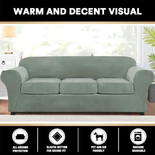 PrinceDeco Velvet Couch Covers for Sofa Soft 4 Pieces Couch Covers for 3 Cushion Couch Sofa Pet Friendly Furniture Protector with Non Slip Elastic Bottom Width Up to 97 Inch (Large Sofas, Sea Grass)