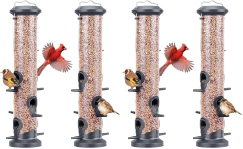 Kingsyard 4 Pack Tube Feeders with 6 Feeding Ports for Outdoors Hanging, Premium Hard Plastic Weatherproof & Steel Hanger, Attracting for Wild Birds (Black)