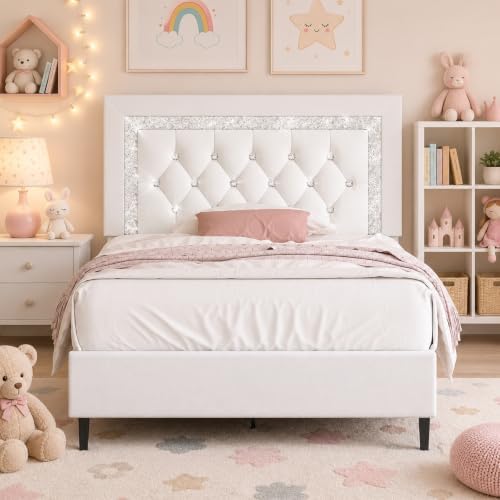BarnFurin Twin Bed Frame with Tufted Button Headboard, White