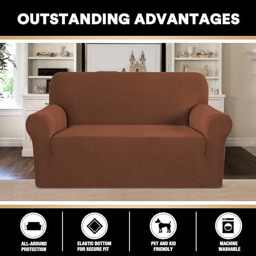 PrinceDeco Stretch Loveseat Sofa Cover Slipcover Couch Cover for 2 Cushion Sofa Washable Sofa Cover for Pets Friendly Furniture Protector Covers with Non Slip Bottom(Loveseat, Caramel)