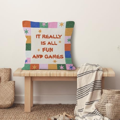 Funny Kids Playroom Throw Pillow Cover 18x18, Vintage Nursery Decorative Pillow Covers for Kids Toddler Nursery Bed Gaming Room Bedroom, Colorful Stars Game Accent Pillows Cover Pillowcases