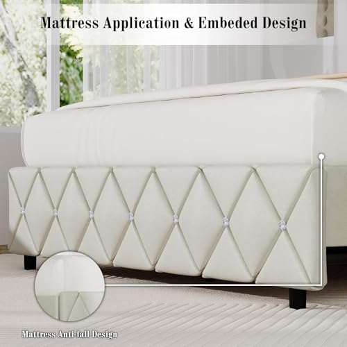 BarnFurin Full Bed Frame with Diamond Tufted Headboard,Cream