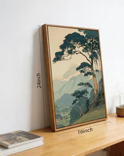 Framed Vintage Japanese Wall Art, Pine Tree Forest Canvas Print 16x24 Inch