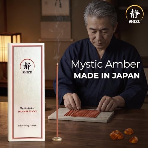 Shizu Mystic Amber Incense Sticks – Artisanal Temple Grade Japanese Incense with Brass Holder – Subtle, Calming Scent for Relaxation, Meditation & Home Spa, Elegant Gift Set (60 Sticks)