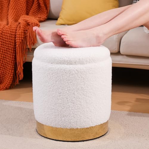 Round Ottoman with Storage, White Teddy, Set of 2