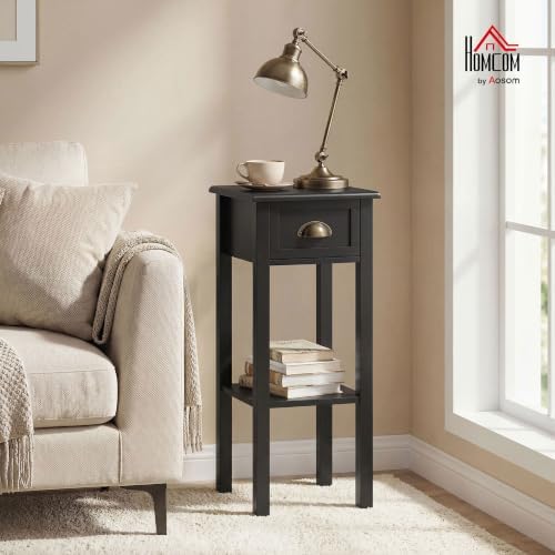HOMCOM Narrow End Table with Drawer and Bottom Shelf Set of 1 Black