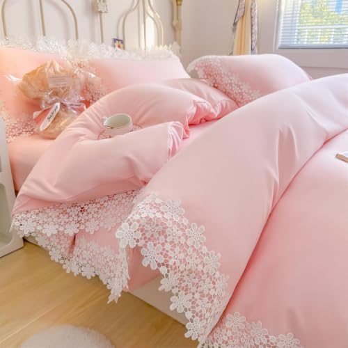 IHOUSTRIY Lace Duvet Cover Twin Size, Chic Ruffle Beddding Set, 2 Pieces Comforter Cover Set with Zipper Closure, Girl Bedding with Pillowcase