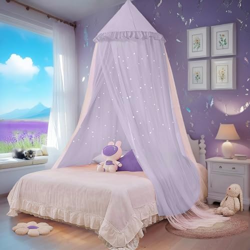 Princess Bed Canopy for Girls, Double Layer Canopy Fits Twin/Full Bed - Fairy Bed Tent for Kids Room Decor(with Cutout Stars,Purple)