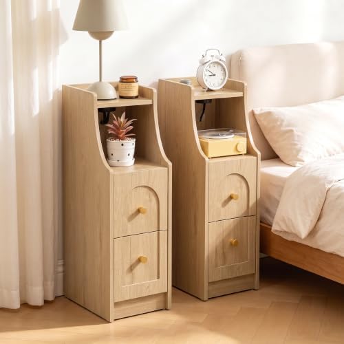 Ultra Narrow Nightstand Set of 2, Slim Bedside Table with Charging Station, 2 Drawers & Open Shelf, Mid-Century Modern End Table with Fenced Top for Living Room Bedroom (Natural, 2)