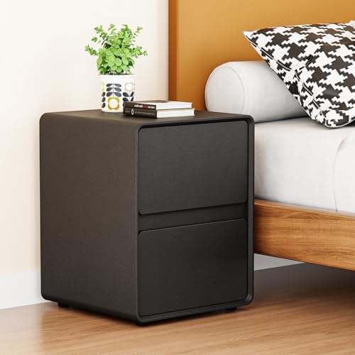 15.8" W Faux Leather Narrow Nightstand, Modern Fully-Assembled Bedside Table with 2 Drawers, Wood Night Stand Small Accent End Table & Side Table for Bedroom, Black