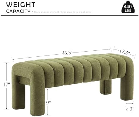 43.3" Dining Room Bench, Green Tufted Upholstered End of Bed Bench, Modern Entryway Ottoman Window Seat with Solid Wood Legs and Padded Seat for Bedroom, Hallway and Living Room (Boucle)