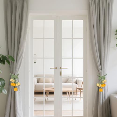 Flower Curtain Tiebacks, 4pcs Lily-of-The-Valley Curtains Holdbacks, Cute Curtain Holdbacks - No Drill Rope Holder, Drape Knitting Handmade for Nursery&Children's Room Decor (Yellow/Orange)