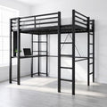 Full Size Metal Loft Bed with Desk and 2 Built-In Ladders, Black