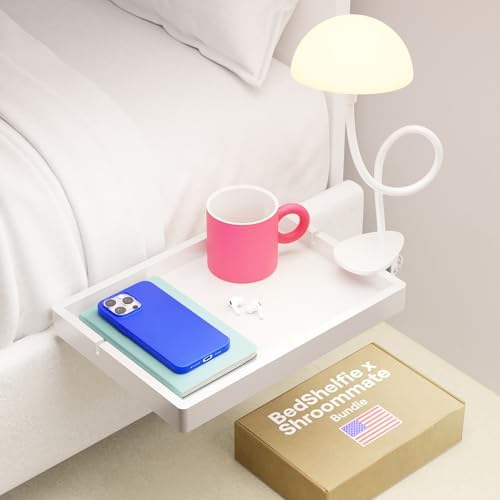 Smallish BedShelfie 2-Pack: Shroommate & Flexfit - Clip On Light and Bedside Shelf for Bunk Bed & Top Bunk, College Dorm Room Essentials, Nightstand, Floating Bed Side Table, LED Lights for Bedroom