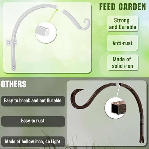 FEED GARDEN Heavy Duty Plant Hooks - 2 Pack 12 Inch Wall Mounted Hanging Brackets, 57lb Capacity Steel Plant Hangers for Bird Feeders, Baskets, Wind Chimes Outdoor Indoor- White