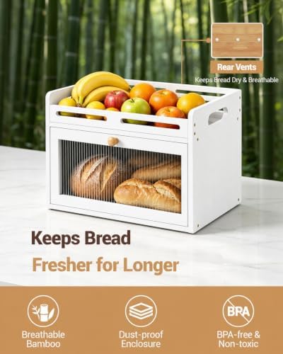 Bread Box for Kitchen Countertop, Bamboo Storage with Top Shelf, White