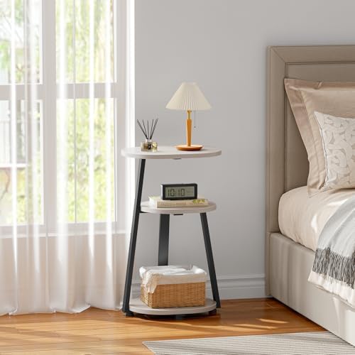 Kalrin Side Table, Small End Table with Metal Frame, 3-Tier Bedside Tables, Round Side Tables for Living Room Bedroom Couch Bathroom, Oval, White Maple