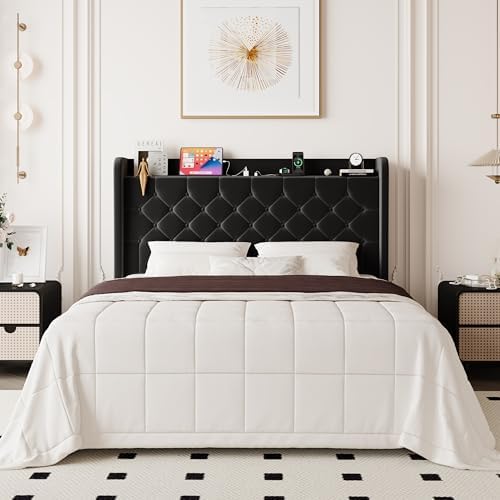Allewie Full Size Bed Frame, Storage Headboard & Charging Station, Black