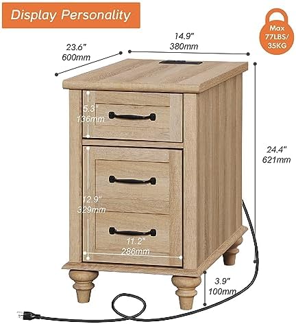 WAMPAT Farmhouse End Table with Charging Station, Narrow Side Table, Oak