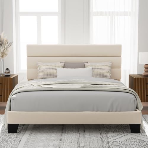 Allewie Cal King Size Platform Bed Frame with Velvet Upholstered Headboard
