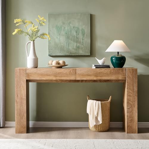 OKD 63" Console Table with Drawers, Thick Block Entryway Table, Light Oak