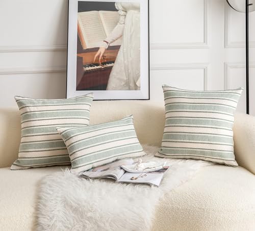 Cethom Decorative Boho Throw Pillow Covers, Farmhouse Textured Pillow Case, 22 x 22 Inch Set of 2, Chair Sofa Bedroom Living Room Home Decor Couch Cushion Case, Green and Beige Striped