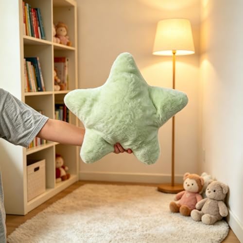 Star Shaped Throw Pillows Set of 2,Cute Plush Decorative Pillows with Fluffy Faux Rabbit Fur, Soft Star Cushion for Sofa Couch Bed Living Room Bedroom Home Decor (Green, 15.7")