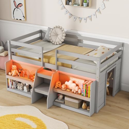 GIANTEX Twin Loft Bed with LED Lights, Wooden Loft Bed Twin Size with Stairs & Safety Guardrail, Low Loft Bed for Kids with Storage Bookcase and Under-Bed Play Space, Grey