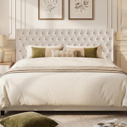 Kingfun Upholstered Queen Headboard Only, Premium Linen Button Tufted Headboards, Adjustable Solid Wood Head Board, Padded Headboard with Solid Wood Legs in Bedroom (Beige)