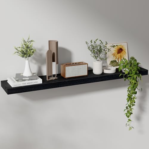 Axeman Floating Shelves, 8 Inch Deep Modern Solid Wood Wall Shelves for Storage, Wall Mounted Display Shelving with Invisible Heavy-Duty Metal Bracket, 48" W x 8" D x 1.6" H, Distressed Black