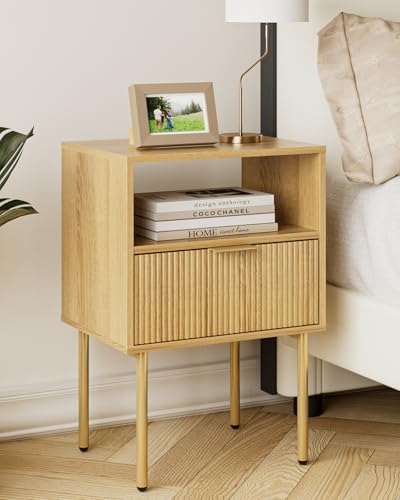 Aienvey Nightstand with One Drawer, Oak Stripe Night Stand and Gold Frame