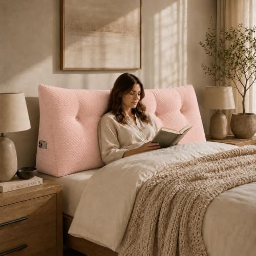 Headboard Pillow Queen Size, Reading Pillow for Bed, Wave Pattern Wedge Pillow, Tufted Backrest Support, Headboard Substitute, Pink