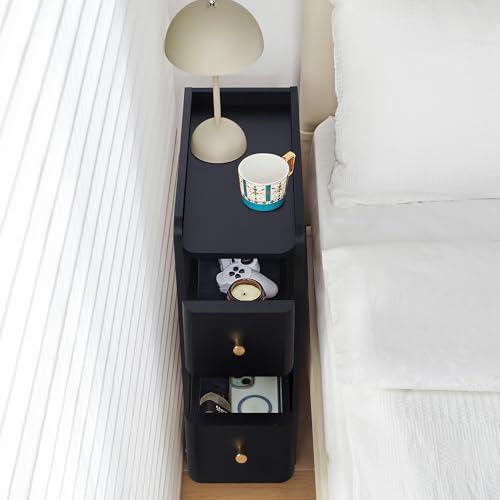 Narrow Nightstand Set of 2, Wooden Small 2 Drawer Nightstand, Slim Side End Table, Skinny Bedside Table, Mid Century Modern Night Stand with Drawers for Bedroom (Black-2 pcs)